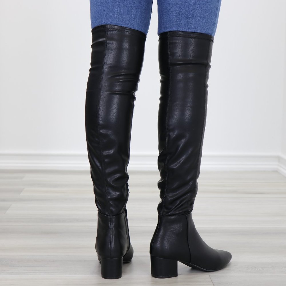 Pointy Toe Over The Knee Black Boots Faux Leather - Picture 6 of 15